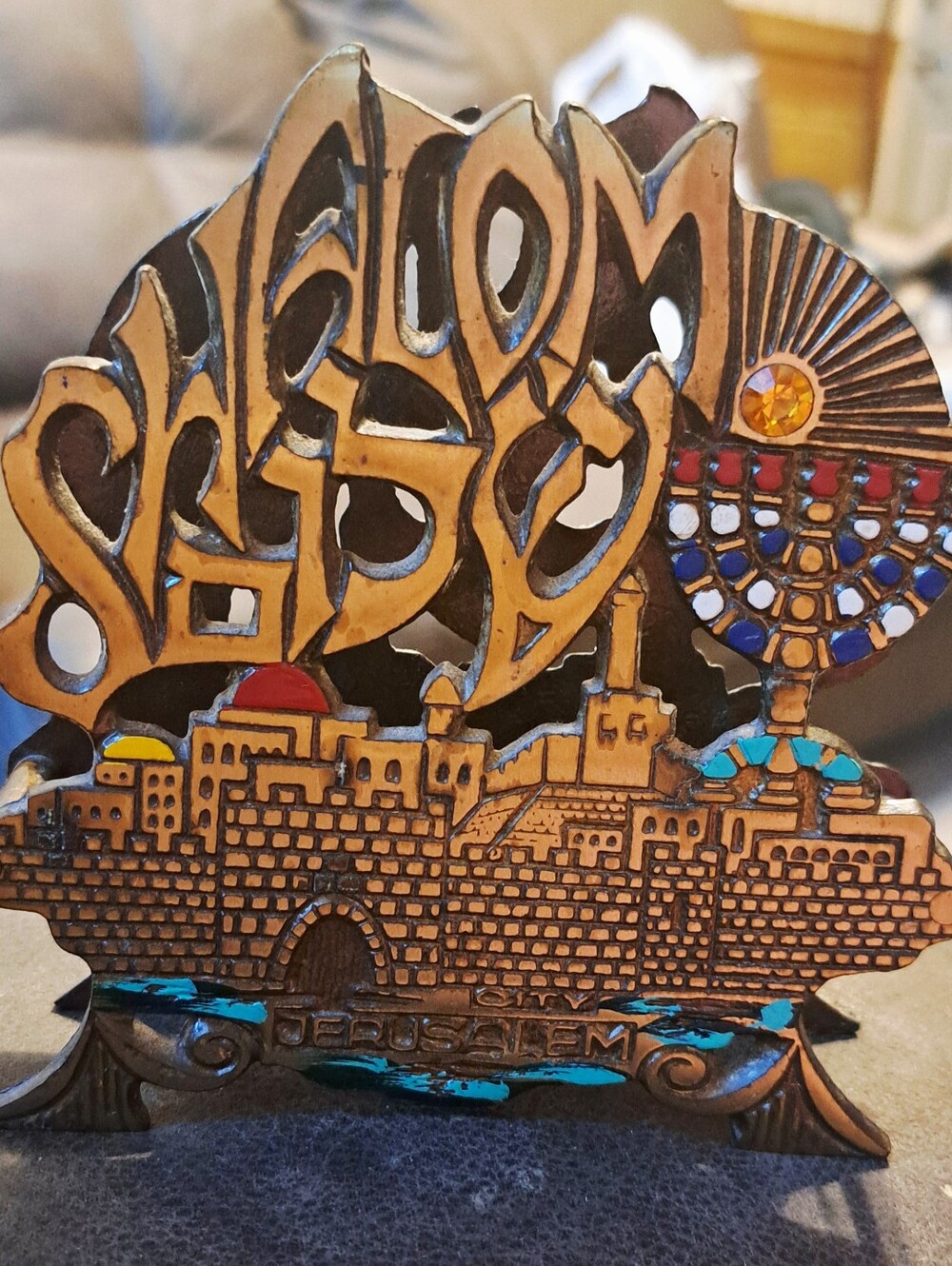 Vtg Jerusalem Shalom Menorah Brass Enamel Letter Paper Napkin Holder Dining